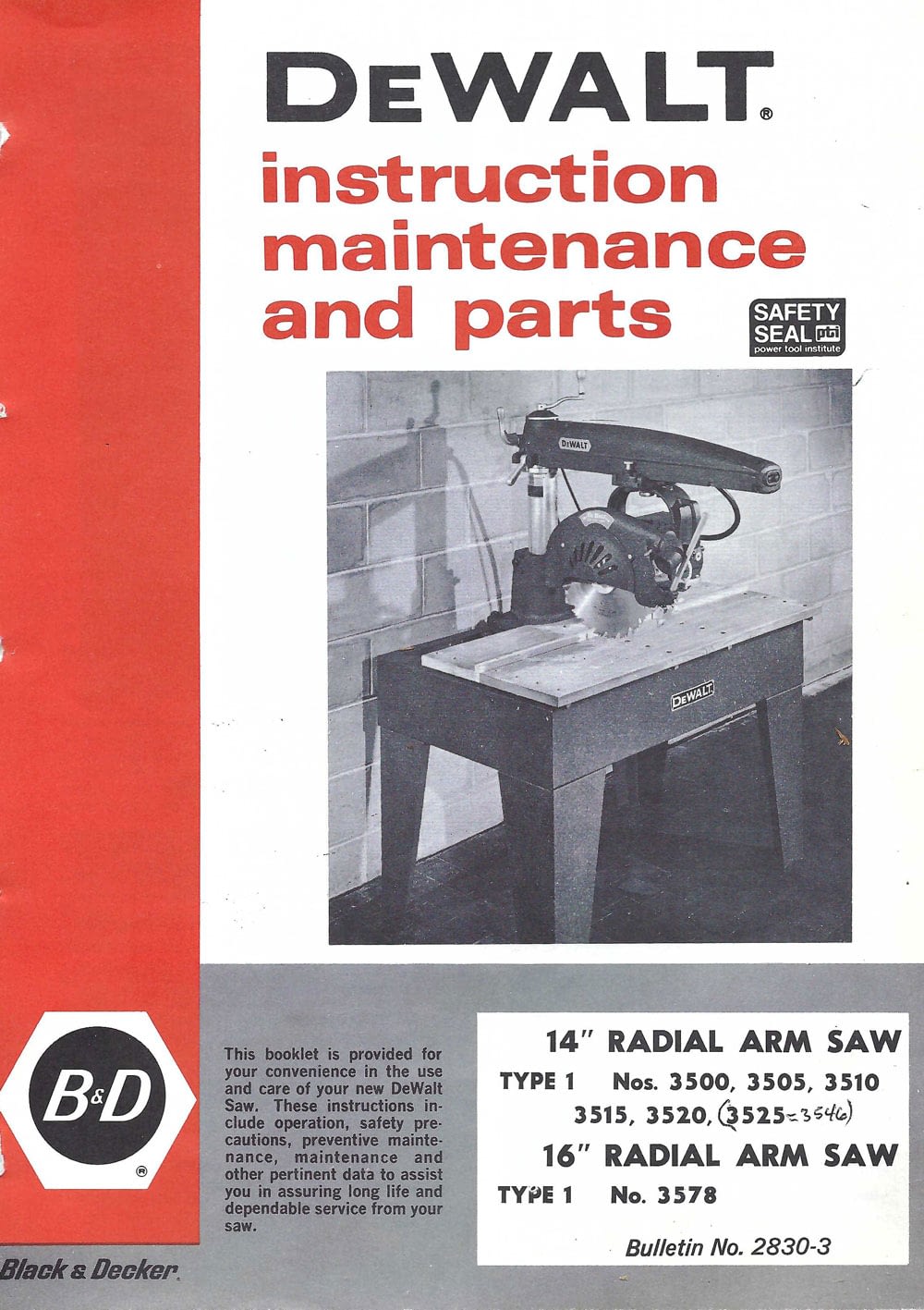 DEWALT MB & GW  Radial Arm Saw Instructions & Parts Manual 0261 