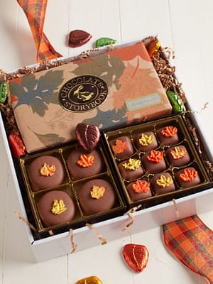 Falling Leaves chocolate box filled with chocolates decorated in leaves