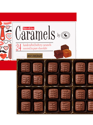 24 milk Chocolate Caramels in a Valentine's Day themed box