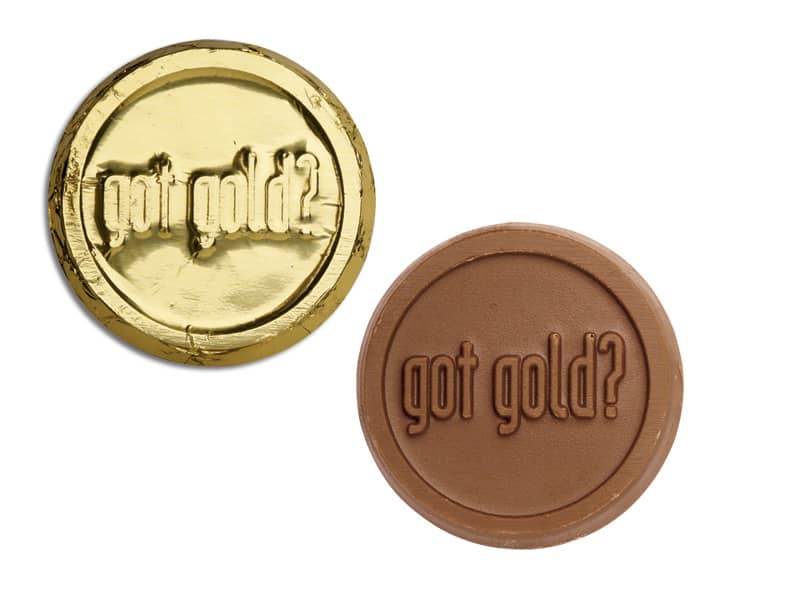 two gold foil chocolate coins with logo
