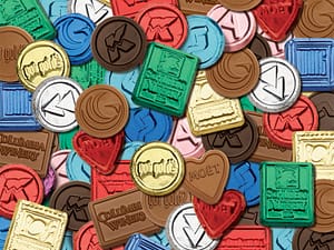 Assortment of foil chocolate coins, rectangles and squares with logo