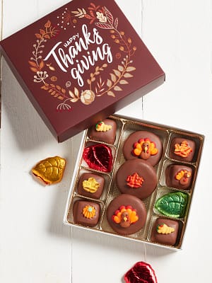 Brown Thanksgiving themed binge box filled with chocolate caramels and cookies