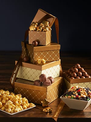 Sweets and Snacks Gift Tower Holiday chocolate caramels malted milk balls