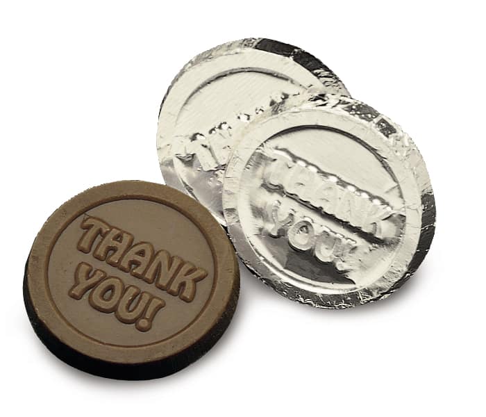 three silver foil chocolate coins with logo