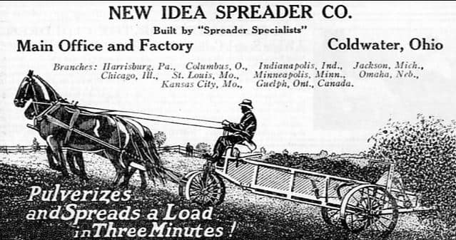 An old advertisement for a New Idea Spreader Co manure spreader.