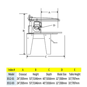 Footprint and dimension of the 12" Contractor Duty Radial Arm Saw.