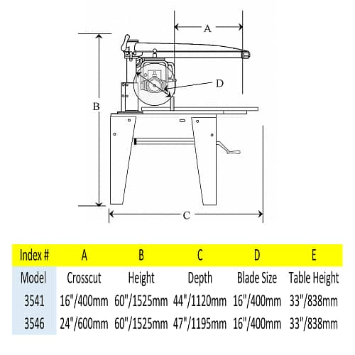 Footprint and dimension of the 16" Heavy Duty Radial Arm Saw