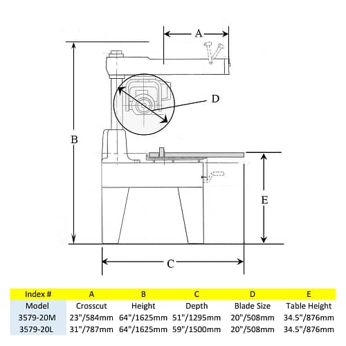 Footprint and dimension of the 20" Metal Cutting Super Duty Radial Arm Saw.
