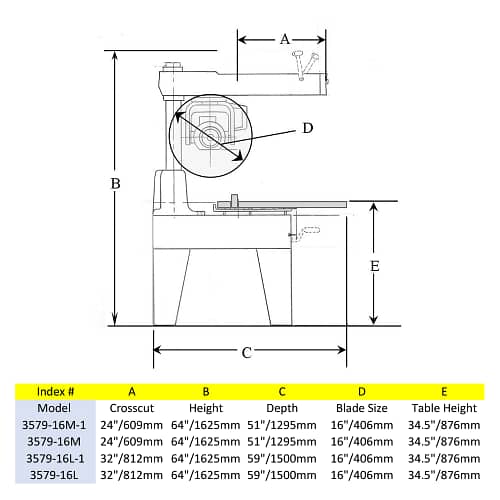 Footprint and dimension of the 16" Super Duty Metal Cutting Radial Arm Saw.