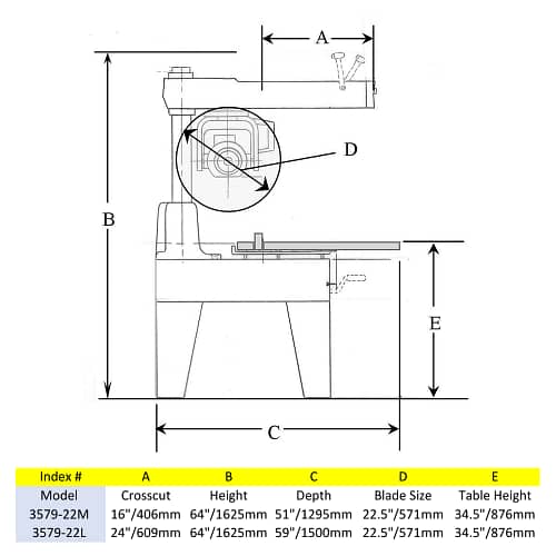 Footprint and dimensions of the 22.5" Metal Cutting Radial Arm Saw