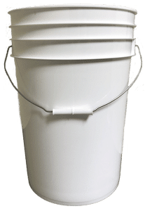 White plastic 6 gallon round bucket w/ wire bale handle with plastic roller grip