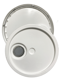 White plastic lid with gasket, tear tab and Rieke spout fits 3.5 gallon, 4.25 gallon, 5 gallon, and 5.25 gallon round pails