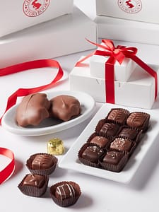 Two tier white box perfect gift set filled with turtles, caramels and assorted chocolates and tied with a red satin bow.
