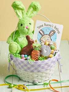 Bunny & Book Easter Basket filled with gourmet chocolates, book and plush bunny/
