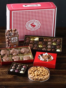 Gingham Deluxe Chocolate Trunk with all items displayed in open faced boxes