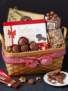 Wicker Classic Chocolate Basket filled with gourmet snacks and chocolates