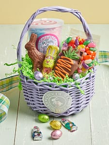 Hippity Hop Easter Basket filled with gourmet chocolates and candy.