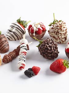 Assortment of Mother's Day Chocolate Berries including strawberries, cups and kabobs.