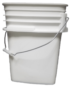 White plastic 5 gallon square bucket w/ wire bale handle with plastic roller grip