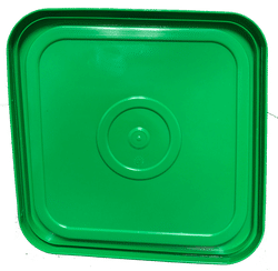 Green easy on easy off snap tight lid bottom side. No gasket. Fits 4 gallon square buckets (Item: 4GB)