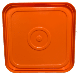 Orange easy on easy off snap tight lid bottom side. No gasket. Fits 4 gallon square buckets (Item: 4GB)