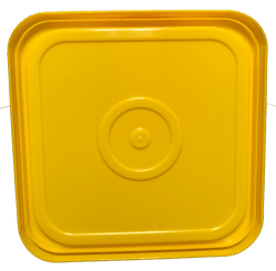 Yellow easy on easy off snap tight lid bottom side. No gasket. Fits 4 gallon square buckets (Item: 4GB)