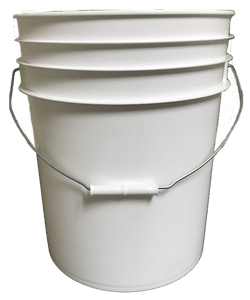 White plastic 5 gallon round bucket w/ wire bale handle with plastic roller grip