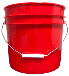 Red plastic 3.5 gallon round bucket w/ wire bale handle with plastic roller grip