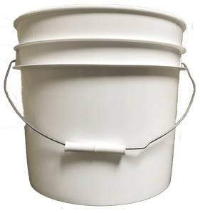 White plastic 3.5 gallon round bucket w/ wire bale handle with plastic roller grip