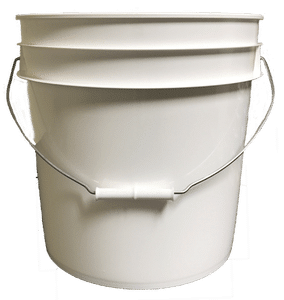 White plastic 4.25 gallon round bucket w/ wire bale handle with plastic roller grip