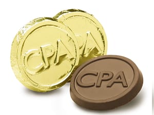 three gold foil chocolates with logo
