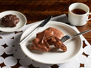 Chocolate Covered Turtles on white plates