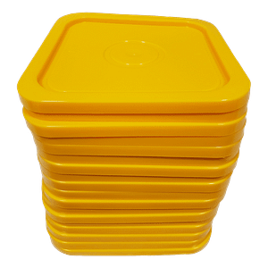 Yellow easy on easy off snap tight lid. No gasket. Fits 4 gallon square buckets (Item: 4GB)
