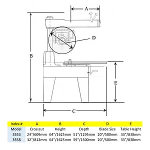 Footprint and dimension of the 20" Super Duty Radial Arm Saw