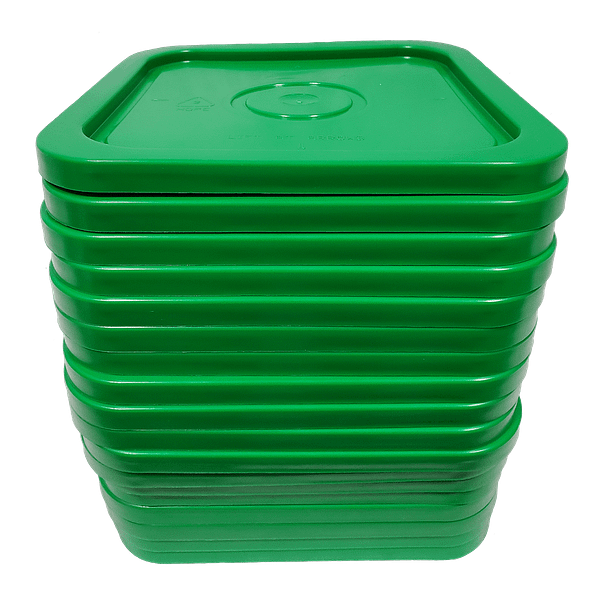Green easy on easy off snap tight lid. No gasket. Fits 4 gallon square buckets (Item: 4GB)