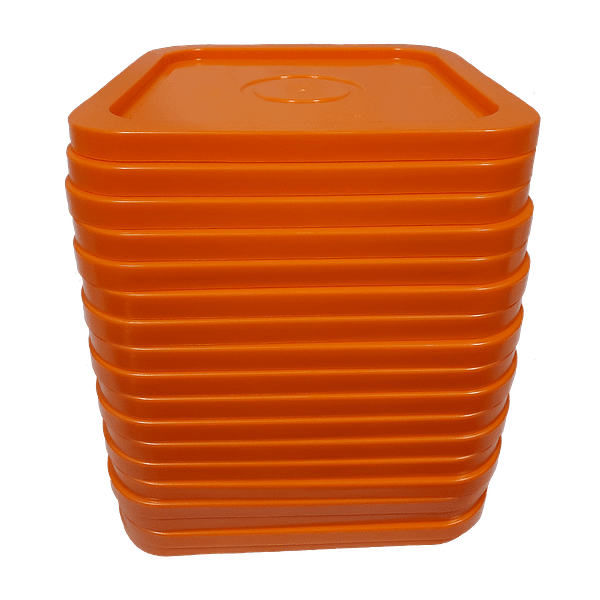 Orange easy on easy off snap tight lid. No gasket. Fits 4 gallon square buckets (Item: 4GB)