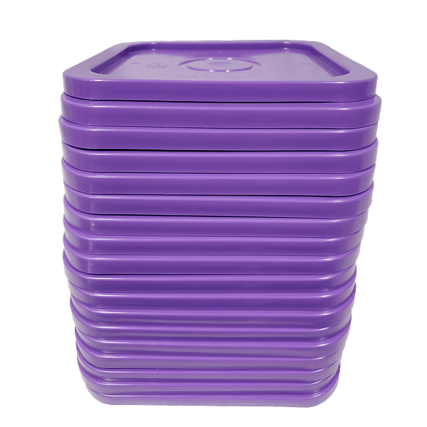 Purple easy on easy off snap tight lid. No gasket. Fits 4 gallon square buckets (Item: 4GB)