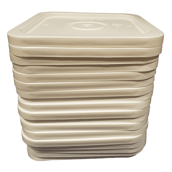 White easy on easy off snap tight lid. No gasket. Fits 4 gallon square buckets (Item: 4GB)