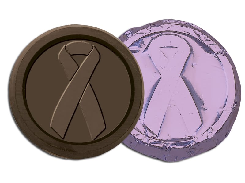 one chocolate and one purple foil chocolate coin with logo